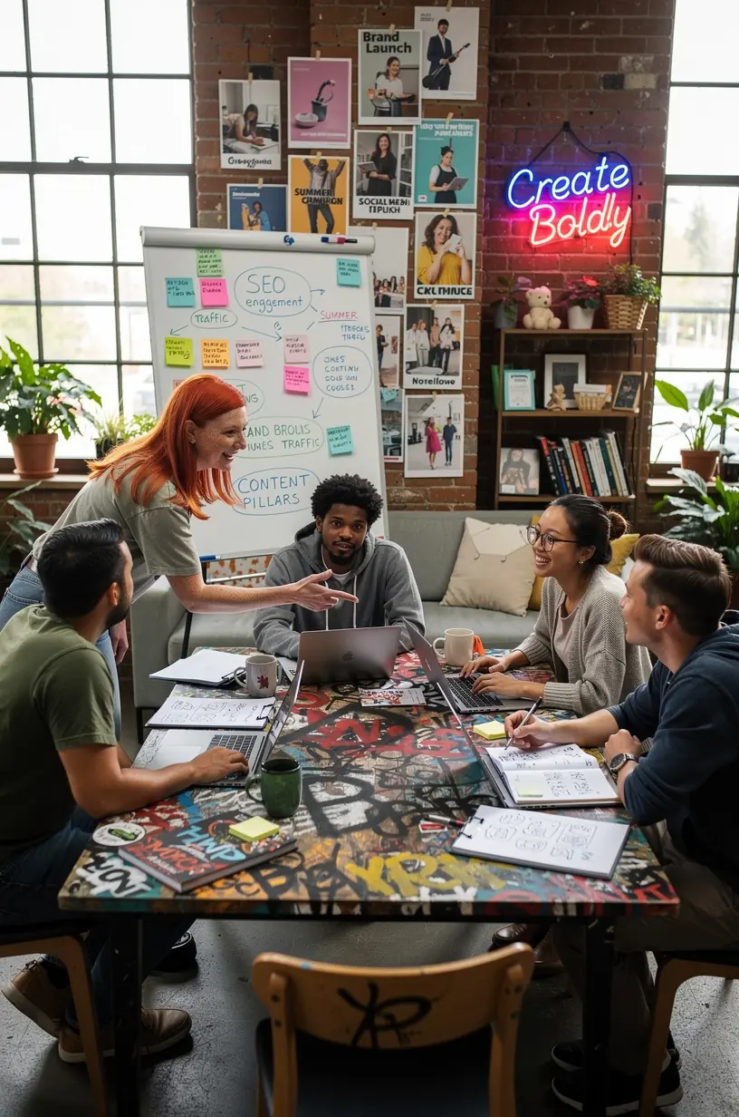 Team brainstorming keyword strategies for SEO content.